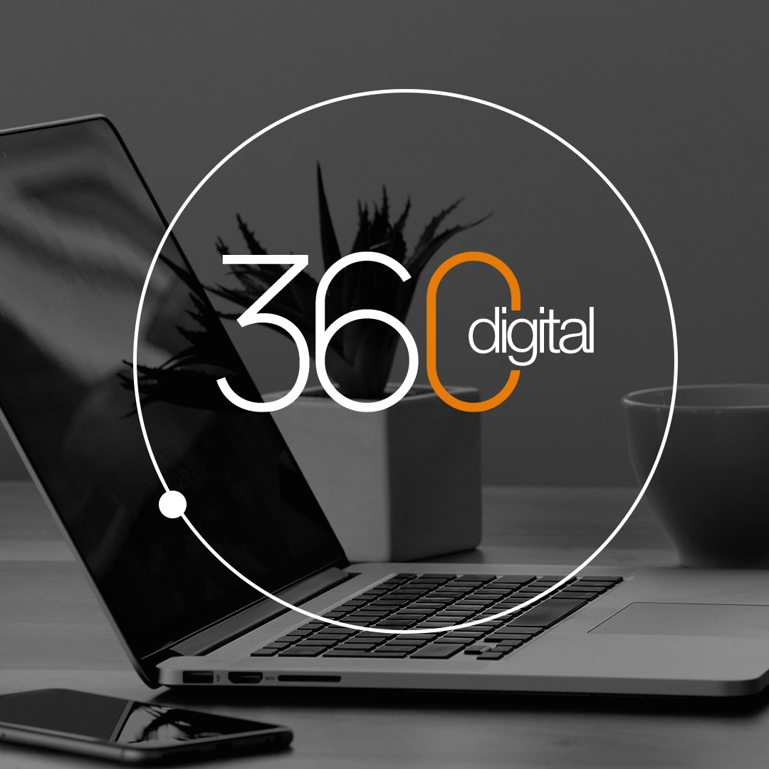 Laptop, phone, plant, and cup on a desk, overlaid with the 360 Digital logo.