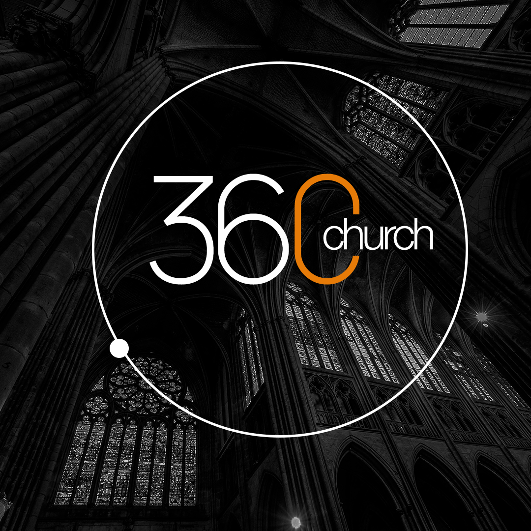 Interior of a gothic cathedral with stained glass and ribbed vaulting, overlaid with the 360 Church logo.