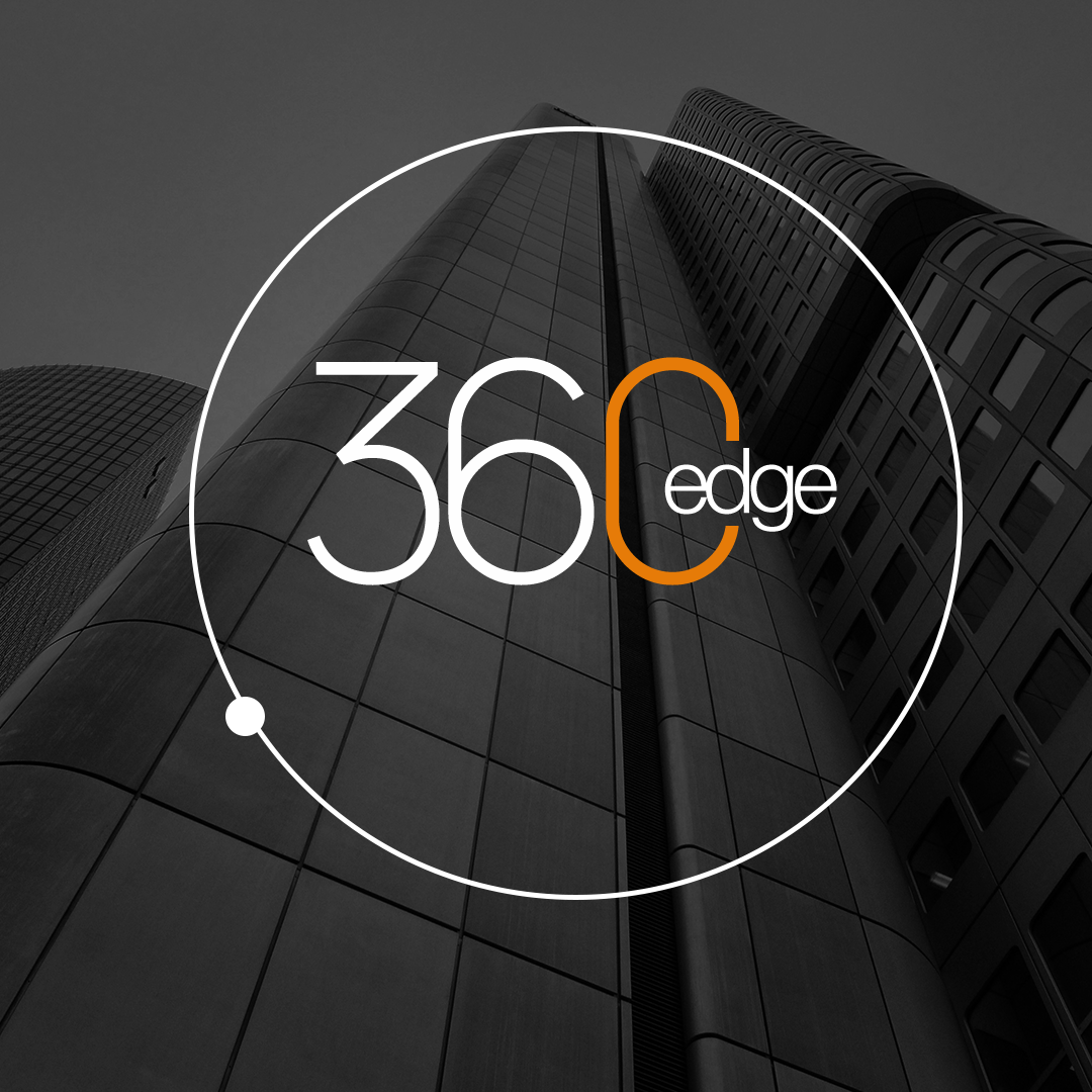 Black and white photo of skyscrapers with the 360 Edge logo overlaid: the digits 360, an orange circular mark, and the word edge.